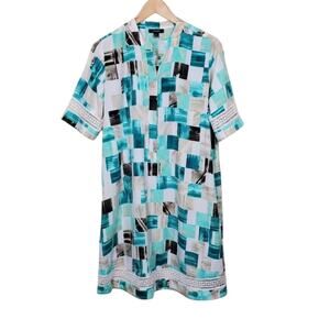 Alfani Shirt Dress Square Print Crochet Trim Womens Size 6 Teal Cream Polyester